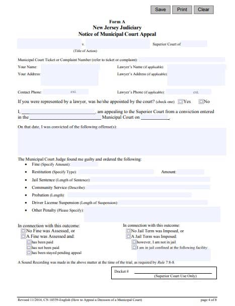 Form A New Jersey Notice of Municipal Court Appeal